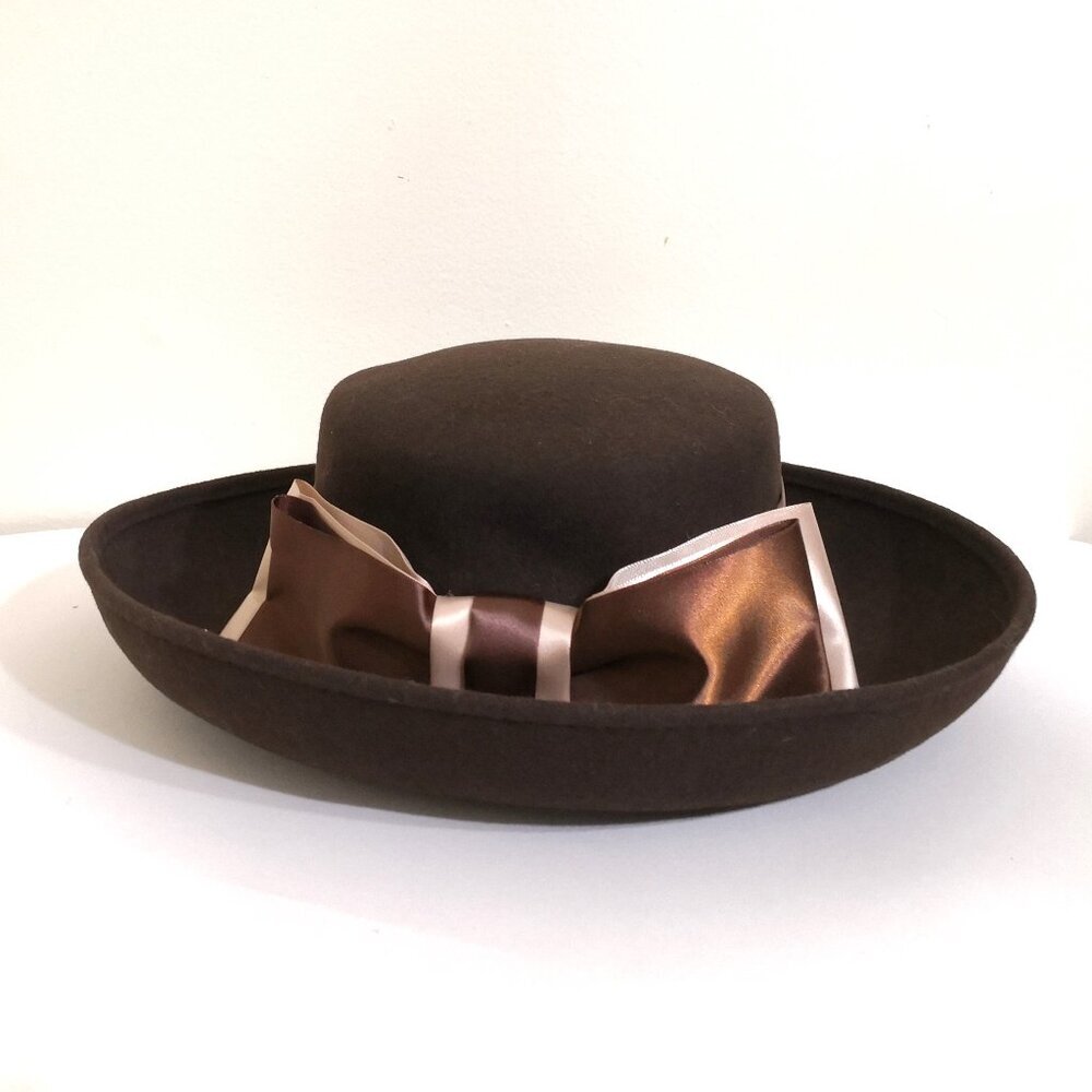 Vintage BETMAR New York Women's 100% Wool Felt Hat Bowl Tie Roll Up Brown - Picture 2 of 7